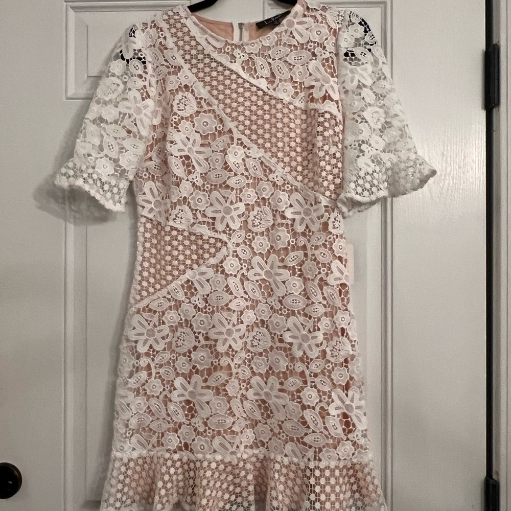 Lulu's My Dearest White and Cream Lines Lace Dress Size Medium